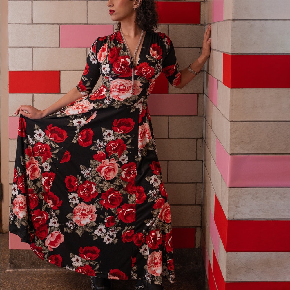 Wax poetic Clothing Raquel Dress - Floral Black and Red Maxi Dress